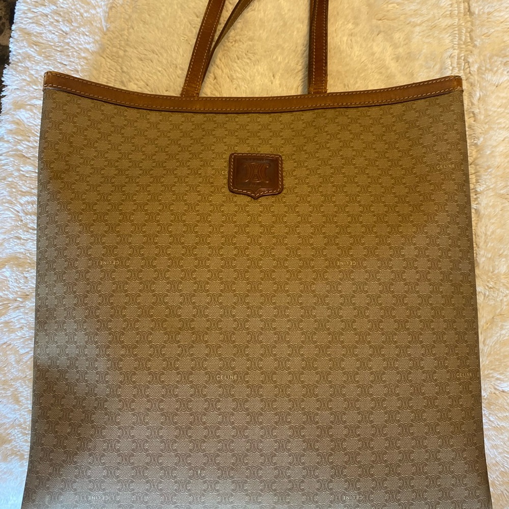 Celine Brown Leather Trim Macadam Vertical Tote
